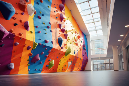 Climbing gym. Colorful footholds at the climbing wallの素材