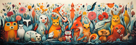 Mythical fantasy animals and flowers in drawing style, imagination creativity concept. horizontal bannerの素材