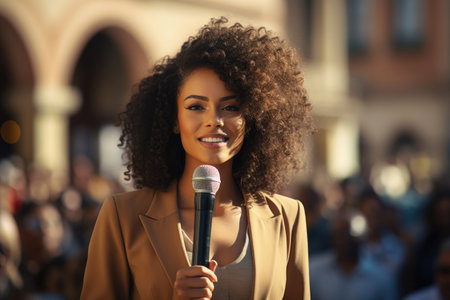 Young woman journalist with microphone working on city streetの素材