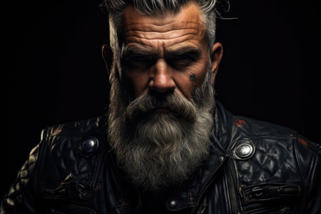 Portrait of a male biker with a beard in a leather jacketの素材