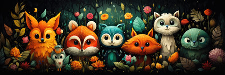 Mythical fantasy animals in drawing style. horizontal bannerの素材