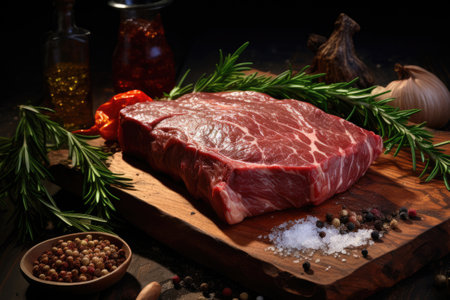 Raw beef on wooden cutting board on a dark tableの素材