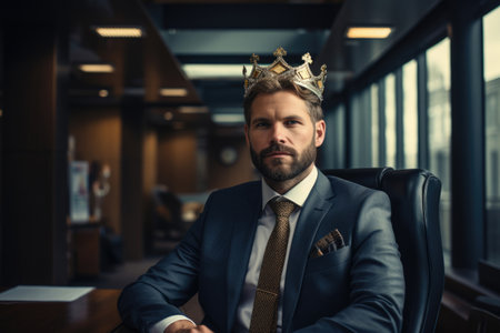 Selfish boss businessman in a crown in the office in a chairの素材