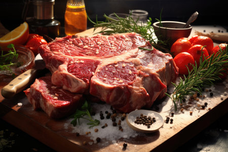Raw beef on wooden cutting board on a dark tableの素材