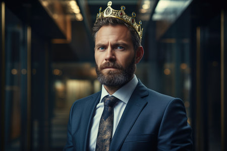 Confident businessman boss in crown, concept of competition, career ladderの素材