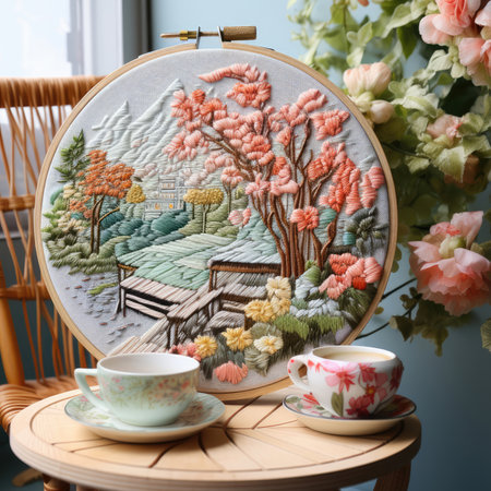 Embroidery hoop with colorful embroideryの素材