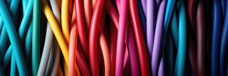 Colored wires and cables background, electrical and telecommunication networks concept. horizontal bannerの素材