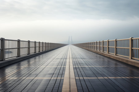 Modern highway highway bridge over a river in the fog. Copy space for textの素材