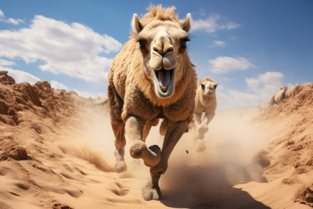 Camel running through the sandy desertの素材