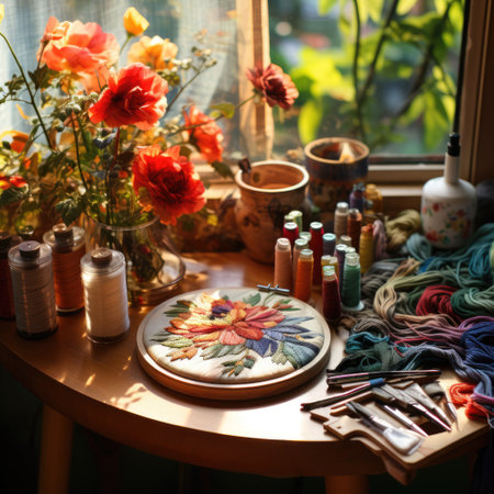 Embroidery hoop with colorful embroidery on the tableの素材