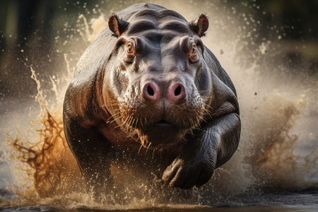 Giant running hypopotamus through a swampの素材
