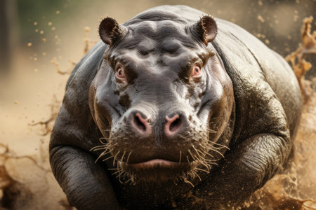 Giant running hypopotamus in splashes of waterの素材