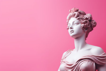 Marble statue head of young woman on a pink background. Copy space for textの素材