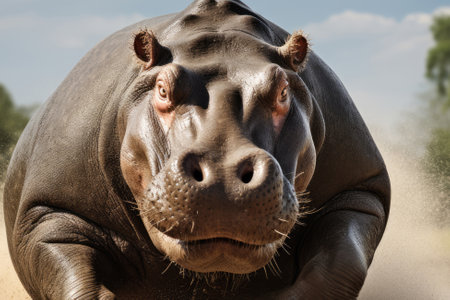 Giant running hypopotamus in splashes of waterの素材