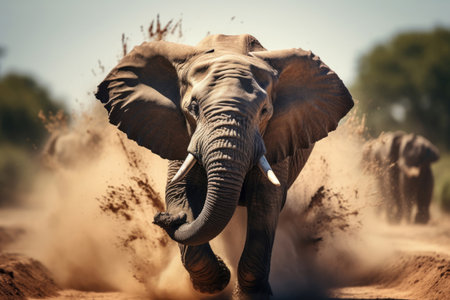 Young elephant running along a dusty roadの素材