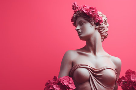 Marble statue head of young woman on a pink backgroundの素材