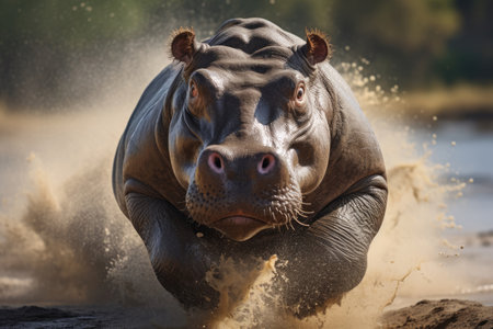 Giant running hypopotamus through a swampの素材
