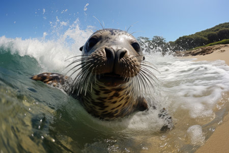 Fur seal swims in the waterの素材