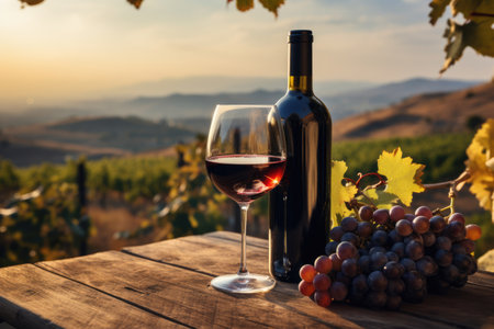 Glass of wine on table against vineyard background, winemaking conceptの素材