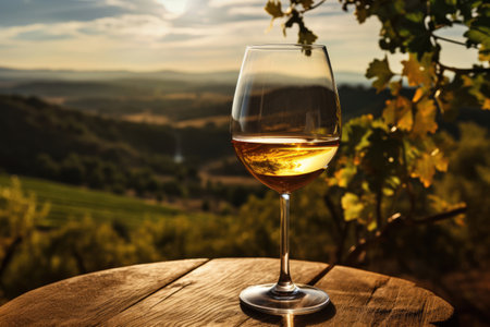 Glass of wine on table against vineyard background, winemaking conceptの素材