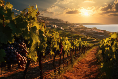 Clusters of ripe grapes in the vineyardの素材