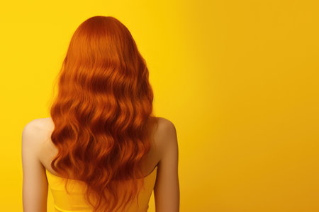 Portrait of redhead girl with gorgeous hair on a yellow backgroundの素材