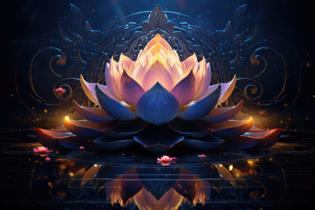 Spiritual background glowing lotus flower and sacred geometryの素材