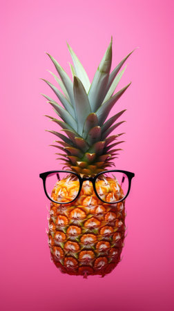 Cheerful fashionable stylish pineapple with sunglasses on pink background. Vertical orientationの素材