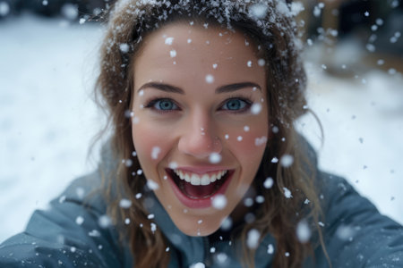 Satisfied woman hiker tourist taking selfie on winter snow mountainの素材