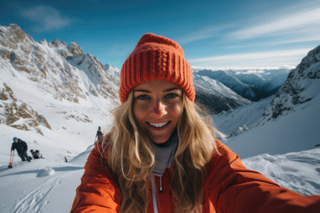 Selfie of a young female tourist on a snowy mountainの素材