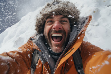 Happy man hiker tourist taking selfie on winter snow mountainの素材