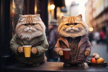 Cats in human clothes on a city streetの素材