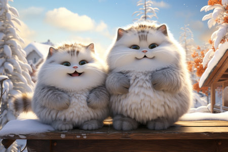 Two fluffy funny kittens outdoors in winterの素材