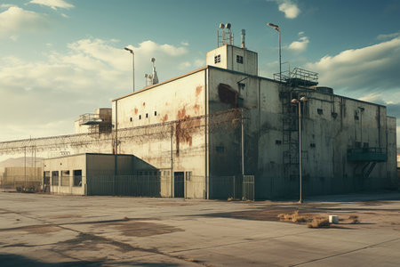 Prison building behind barbed wire, criminal justice imprisonment conceptの素材