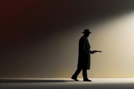 Silhouette of a male killer or policeman in a hat with a gun on a light backgroundの素材