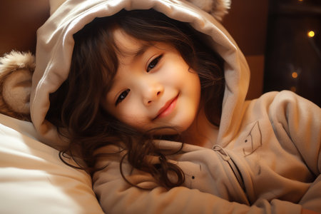 Cute Asian girl in pajamas lying in bedの素材