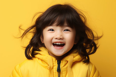 Laughing happy little Asian girl child showing front teethの素材
