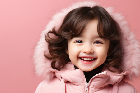Happy smiling little Asian girl on pink backgroundの素材