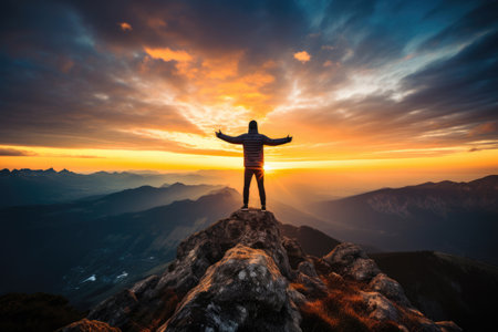 Silhouette of a man on top of a mountain, concept of tourism, achieving goalsの素材