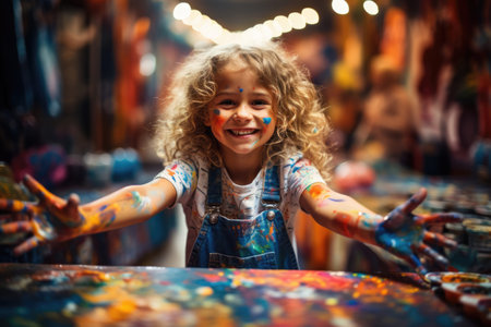 Happy girl, little artist covered in colored paintsの素材