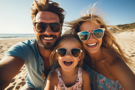Selfie of father and daughters at the beach on vacationの素材