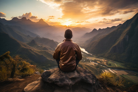 Male yogi meditating on top of a mountainの素材