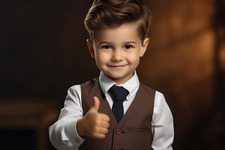 happy little kid in a business suit showing thumb upの素材