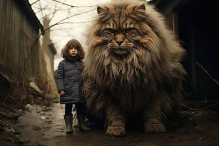 Little girl with a huge giant gray catの素材