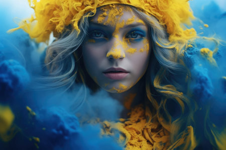 The face of a beautiful Ukrainian woman in yellow-blue colorsの素材