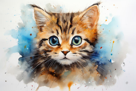 Fluffy tabby kitten, small cute cat in drawing styleの素材