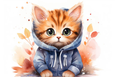 Cute kitten with big eyes in a hoodie, in drawing styleの素材