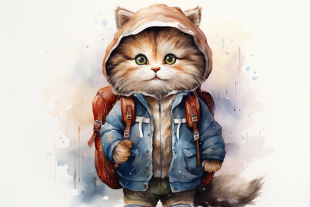 Cute cat in tourist clothes with a backpack, in drawing styleの素材