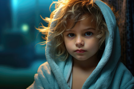 Child boy in bathrobe at home after showerの素材