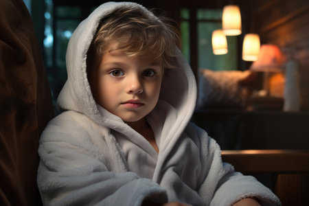 Boy in a bathrobe at home getting ready for bedの素材